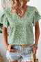 Bohemian Floral Print Short Sleeve V Neck Wrap Blouse