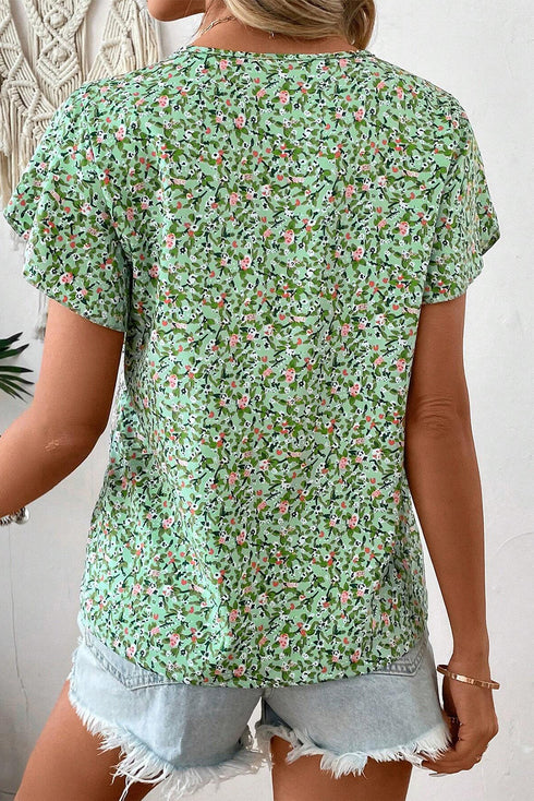 Bohemian Floral Print Short Sleeve V Neck Wrap Blouse