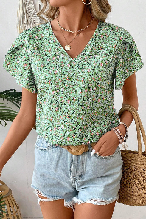 Bohemian Floral Print Short Sleeve V Neck Wrap Blouse