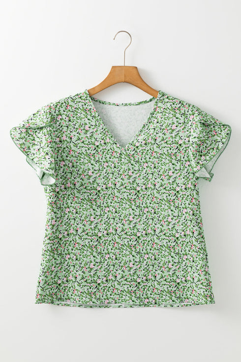 Bohemian Floral Print Short Sleeve V Neck Wrap Blouse
