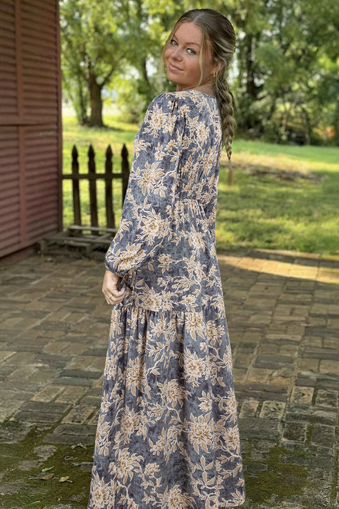 Bohemian Floral Print Smocked Bodice Long Sleeve Maxi Dress