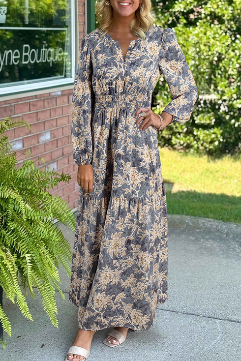 Bohemian Floral Print Smocked Bodice Long Sleeve Maxi Dress