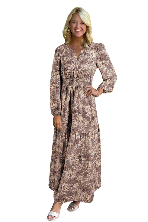 Bohemian Floral Print Smocked Bodice Long Sleeve Maxi Dress