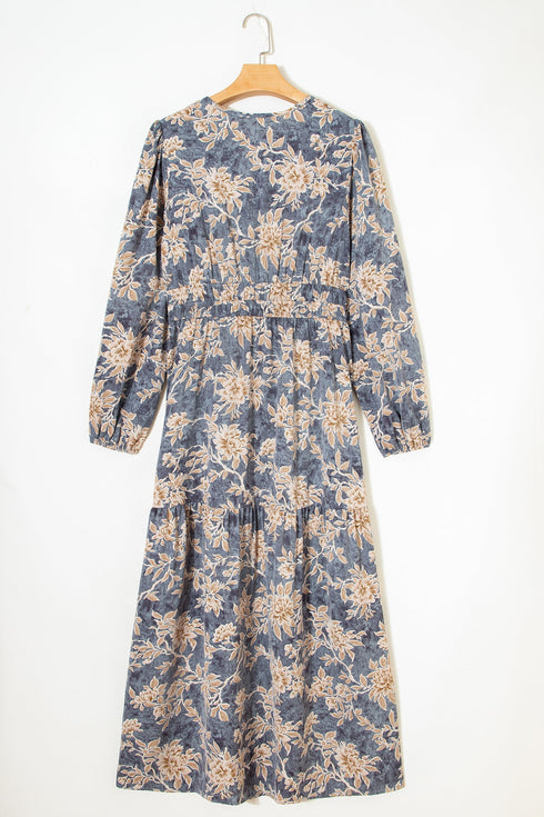 Bohemian Floral Print Smocked Bodice Long Sleeve Maxi Dress