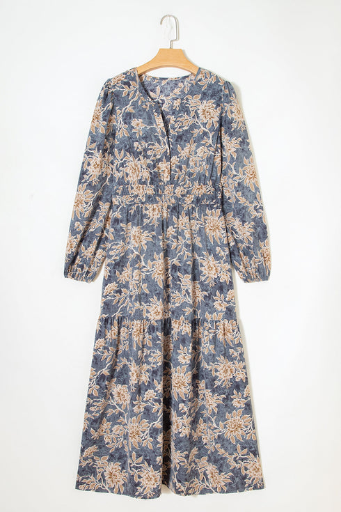 Bohemian Floral Print Smocked Bodice Long Sleeve Maxi Dress