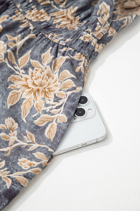 Bohemian Floral Print Smocked Bodice Long Sleeve Maxi Dress
