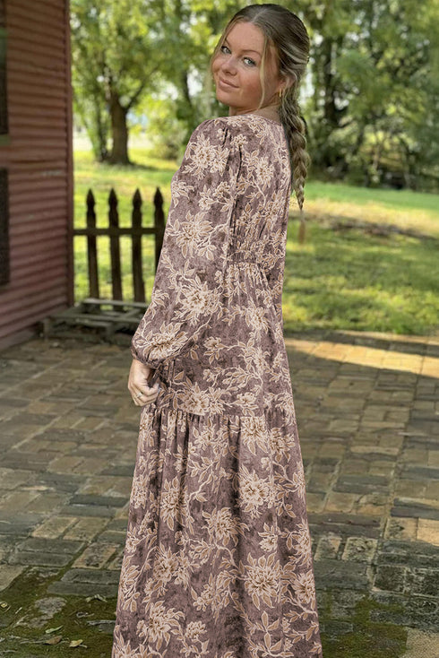 Bohemian Floral Print Smocked Bodice Long Sleeve Maxi Dress