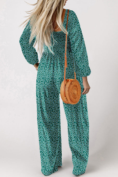 Bohemian Floral Print Smocked Bodice Wide Leg Jumpsuit