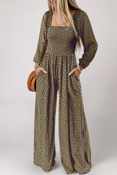 Bohemian Floral Print Smocked Bodice Wide Leg Jumpsuit