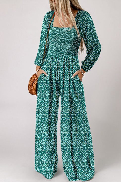 Bohemian Floral Print Smocked Bodice Wide Leg Jumpsuit