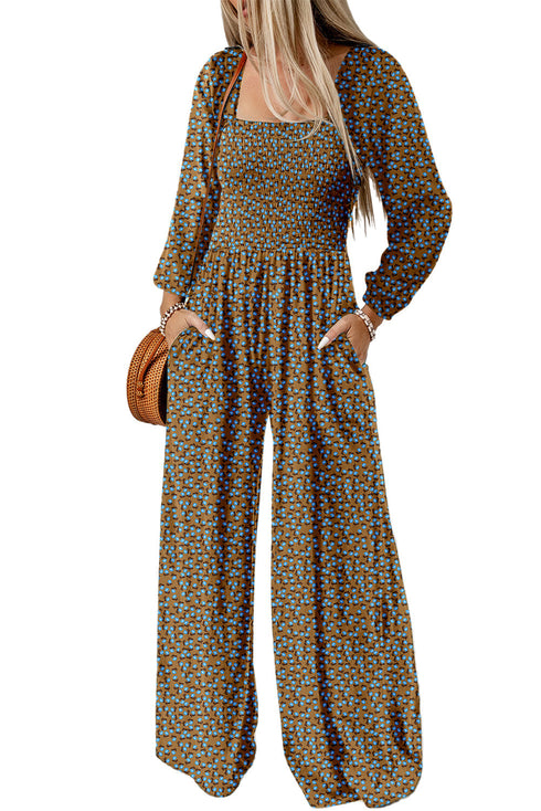 Bohemian Floral Print Smocked Bodice Wide Leg Jumpsuit