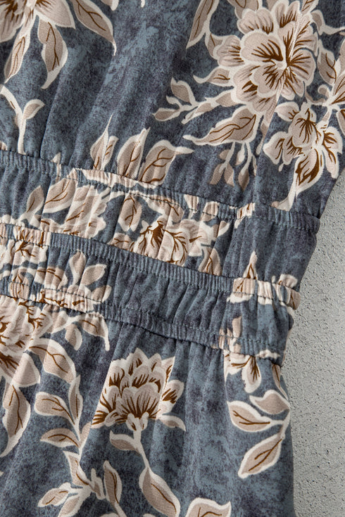 Bohemian Floral Print Smocked High Waist Long Sleeve Maxi Dress