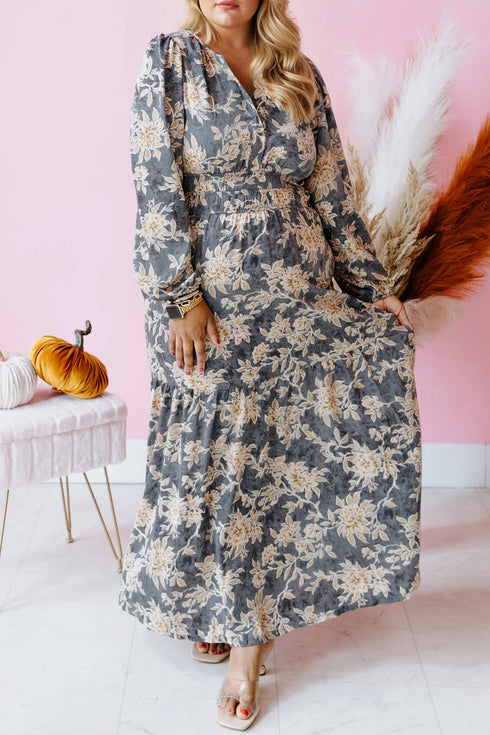 Bohemian Floral Print Smocked High Waist Long Sleeve Maxi Dress