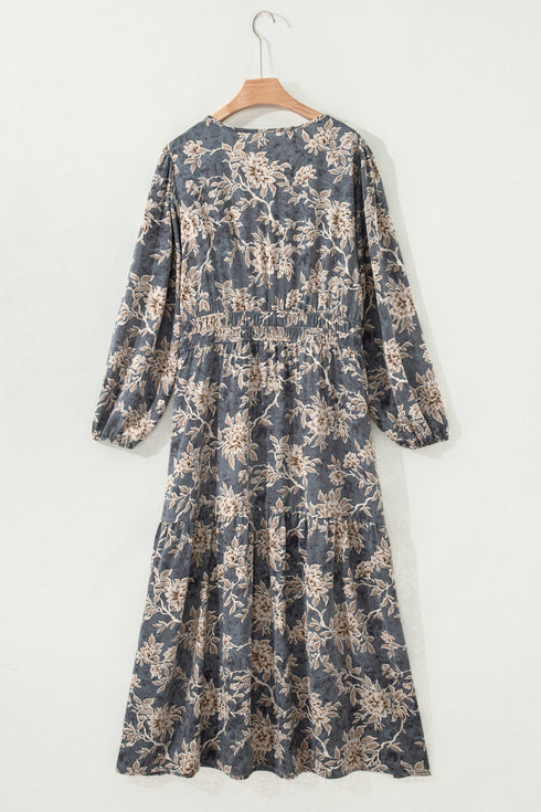 Bohemian Floral Print Smocked High Waist Long Sleeve Maxi Dress