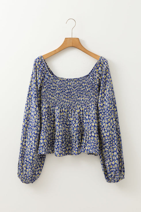 Bohemian Floral Print Smocked Square Neck Long Sleeve Blouse