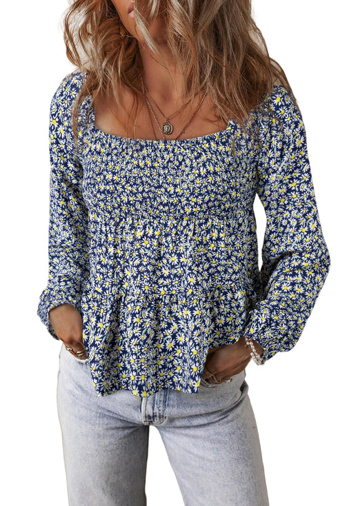 Bohemian Floral Print Smocked Square Neck Long Sleeve Blouse
