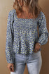 Bohemian Floral Print Smocked Square Neck Long Sleeve Blouse
