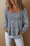 Bohemian Floral Print Smocked Square Neck Long Sleeve Blouse