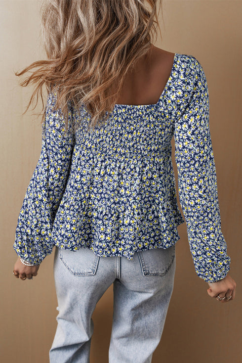 Bohemian Floral Print Smocked Square Neck Long Sleeve Blouse