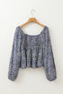 Bohemian Floral Print Smocked Square Neck Long Sleeve Blouse