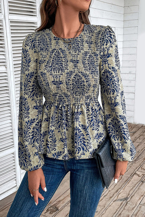 Bohemian Floral Print Smocked Square Neck Peplum Blouse