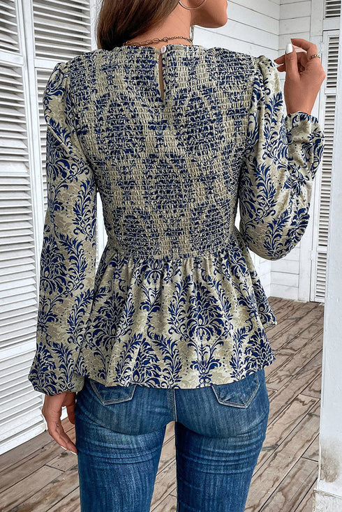 Bohemian Floral Print Smocked Square Neck Peplum Blouse