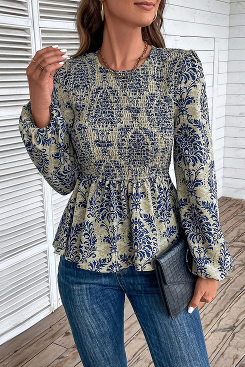 Bohemian Floral Print Smocked Square Neck Peplum Blouse