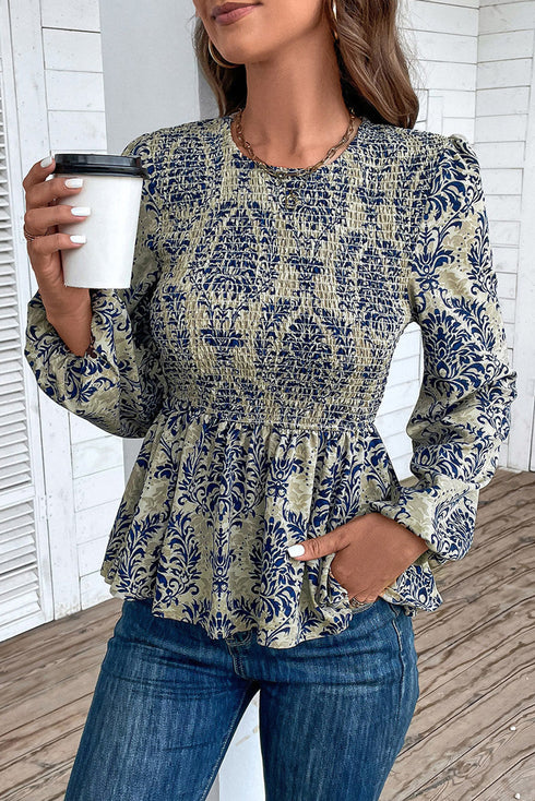 Bohemian Floral Print Smocked Square Neck Peplum Blouse