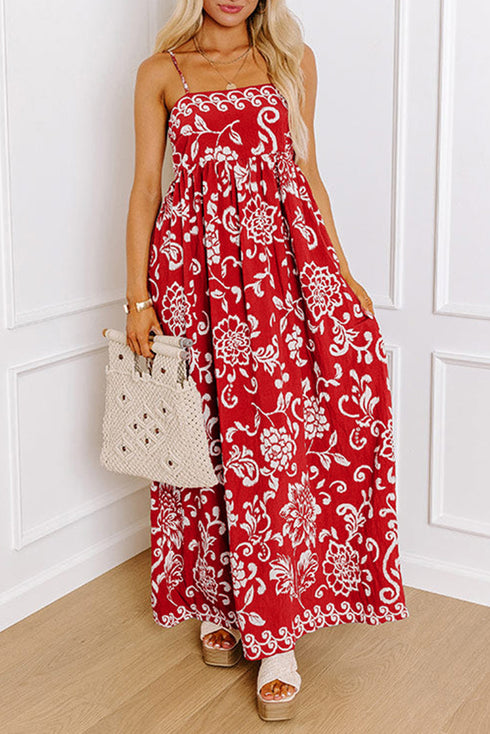 Bohemian Floral Print Spaghetti Strap Empire Waist Maxi Dress