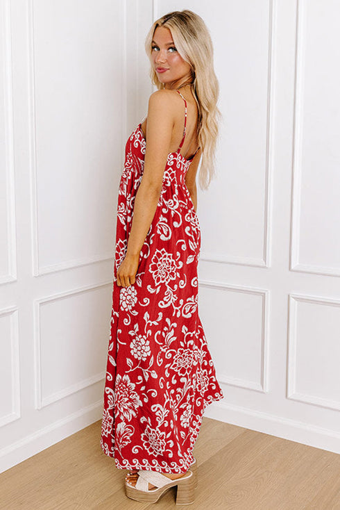 Bohemian Floral Print Spaghetti Strap Empire Waist Maxi Dress