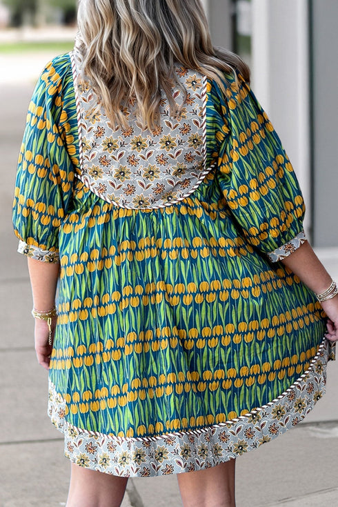 Bohemian Floral Print Striped Trim Loose Fit Mini Dress