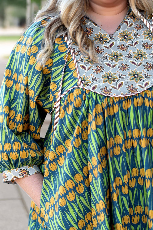 Bohemian Floral Print Striped Trim Loose Fit Mini Dress