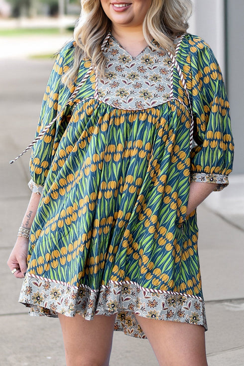 Bohemian Floral Print Striped Trim Loose Fit Mini Dress