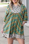 Bohemian Floral Print Striped Trim Loose Fit Mini Dress