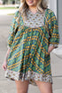 Bohemian Floral Print Striped Trim Loose Fit Mini Dress