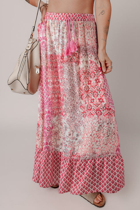 Bohemian Floral Print Tassel Drawstring Maxi Skirt