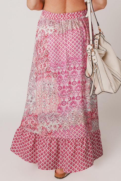 Bohemian Floral Print Tassel Drawstring Maxi Skirt