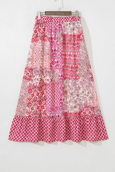 Bohemian Floral Print Tassel Drawstring Maxi Skirt