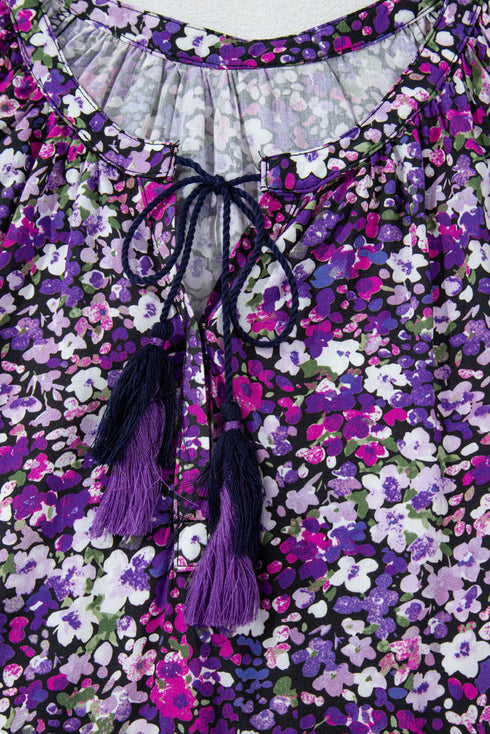 Bohemian Floral Print Tassel Tie Bubble Sleeve Blouse