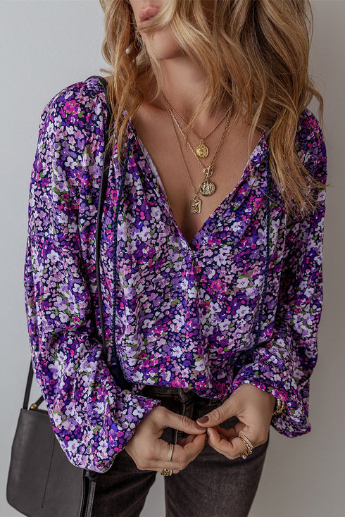 Bohemian Floral Print Tassel Tie Bubble Sleeve Blouse