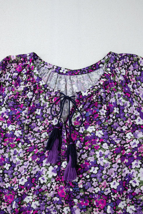 Bohemian Floral Print Tassel Tie Bubble Sleeve Blouse