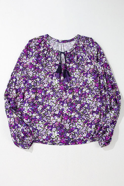 Bohemian Floral Print Tassel Tie Bubble Sleeve Blouse