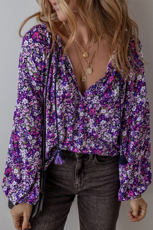 Bohemian Floral Print Tassel Tie Bubble Sleeve Blouse