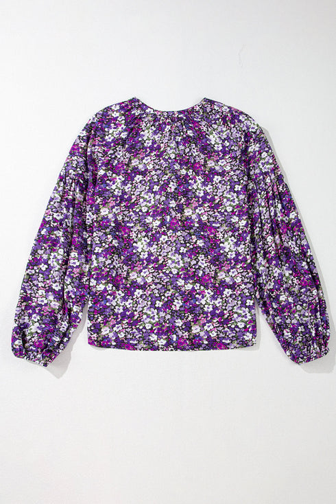 Bohemian Floral Print Tassel Tie Bubble Sleeve Blouse