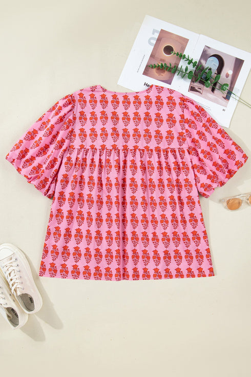 Bohemian Floral Print Tassel Tie Puff Sleeve Cotton Blouse