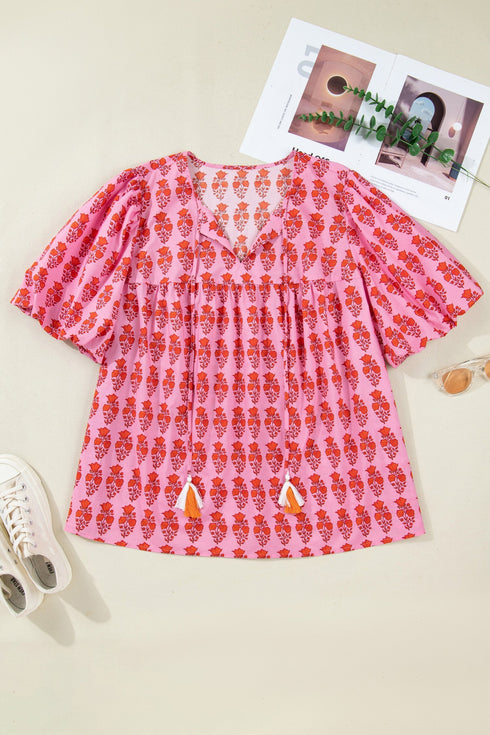 Bohemian Floral Print Tassel Tie Puff Sleeve Cotton Blouse
