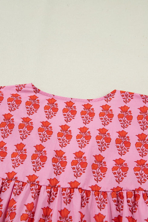 Bohemian Floral Print Tassel Tie Puff Sleeve Cotton Blouse