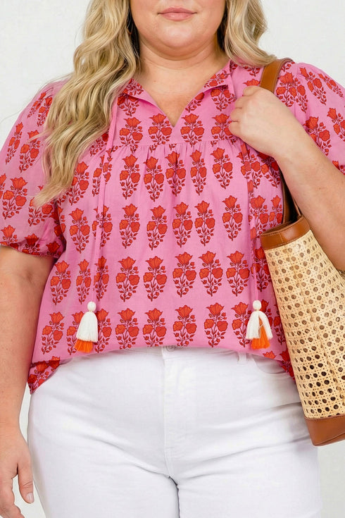 Bohemian Floral Print Tassel Tie Puff Sleeve Cotton Blouse