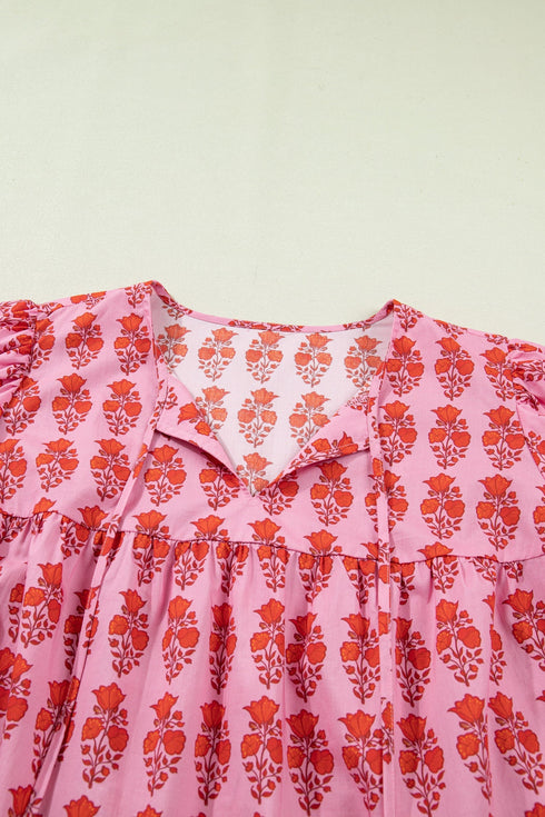 Bohemian Floral Print Tassel Tie Puff Sleeve Cotton Blouse