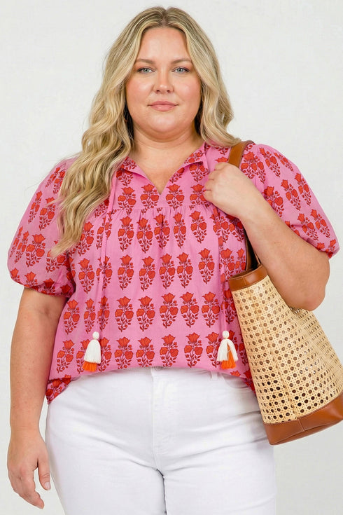 Bohemian Floral Print Tassel Tie Puff Sleeve Cotton Blouse